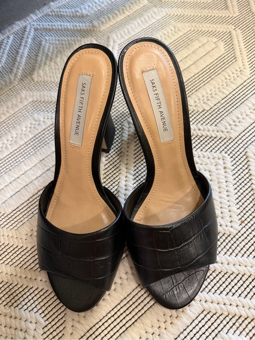 Saks Fifth Avenue Black Croc-Embossed Slide Mules